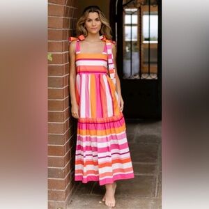 Hermoza Bridget Pink & Orange Striped Tie-Shoulder Sundress NWT 258 retail